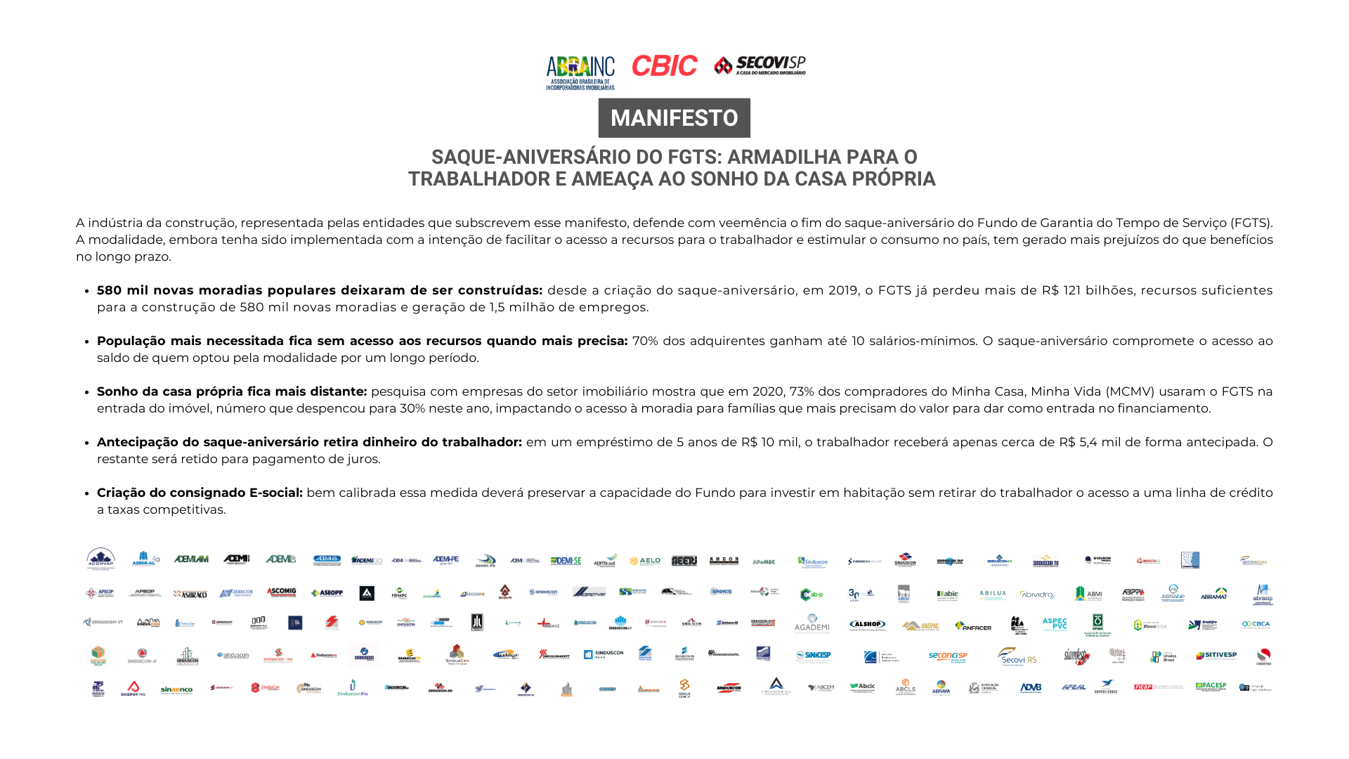 MANIFESTO: Setor da construção alerta para os riscos do saque-aniversário do FGTS e defende preservação do fundo para moradia popular