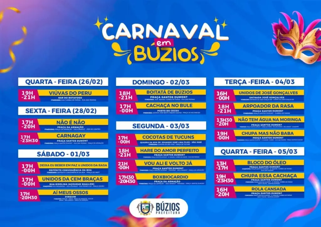 Búzios aguarda centenas de turistas para Carnaval 2025; confira a programação dos blocos